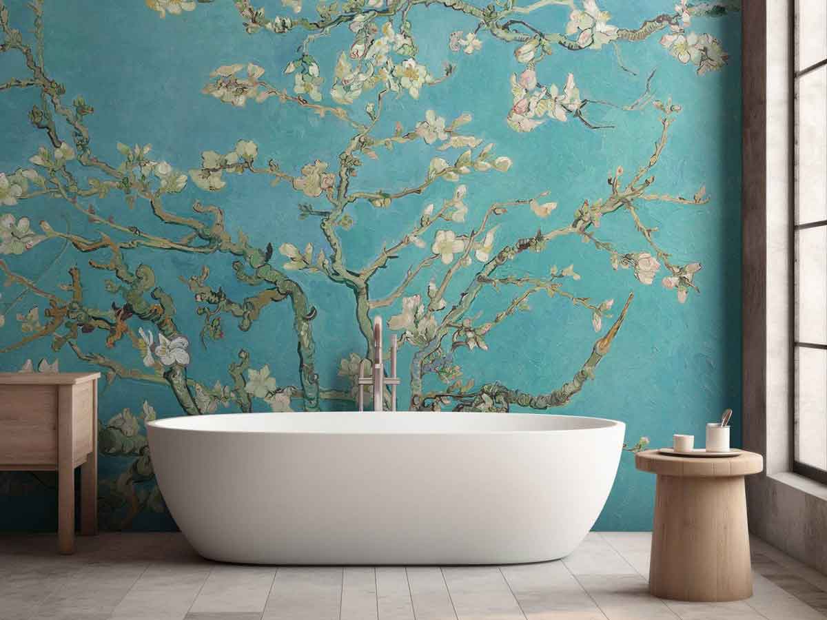 Carta da parati con un albero in fiore in stile Van Gogh, perfetta per un tocco artistico nel bagno