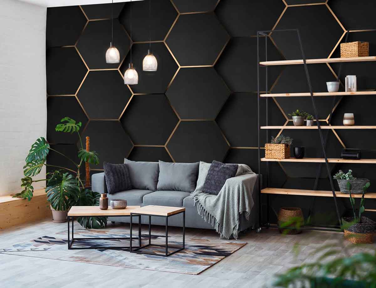 Modern fotobehang met hexagon patronen, voegt een eigentijdse stijl toe aan de woonkamer